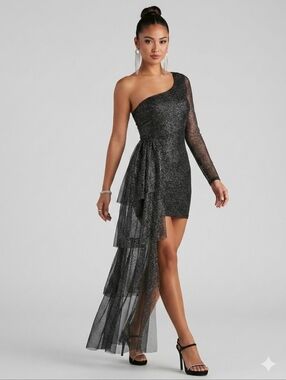 Windsor One-Shoulder Black Glitter Mini Dress with Draped Train Size Large